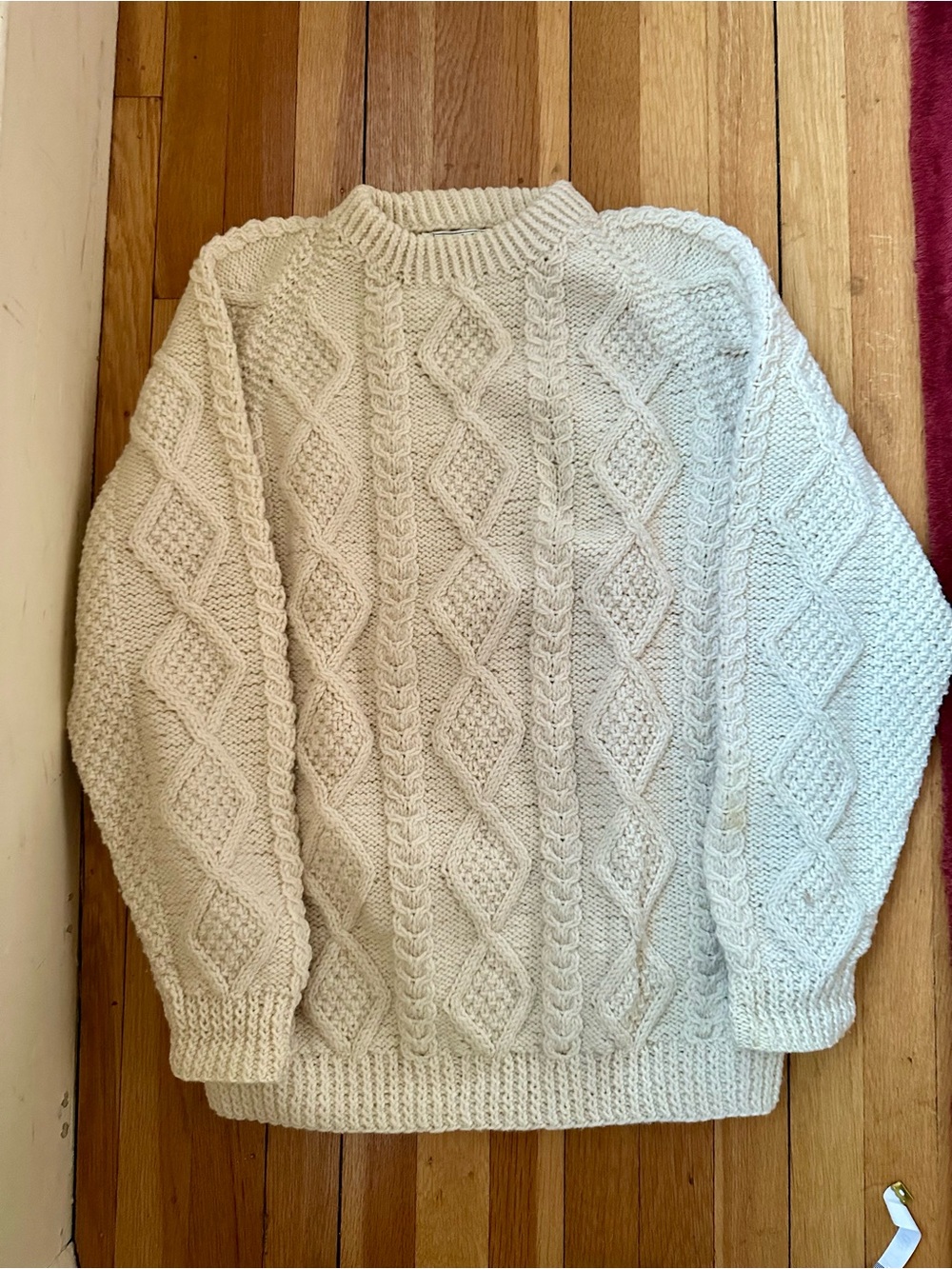 Vintage Irish Hand Knit Wool Diamond Cable Aran Sweater Cream M/L